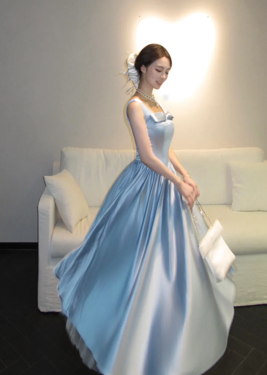 Pretty A Line Square Neck Pale Blue Satin Long Prom Dress, Evening Dress C8064