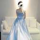 Pretty A Line Square Neck Pale Blue Satin Long Prom Dress, Evening Dress C8064