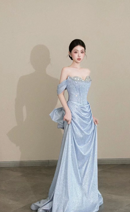 Shiny A Line Off The Shoulder Satin Sequin Beads Long Prom Dress, Evening Dress C8066