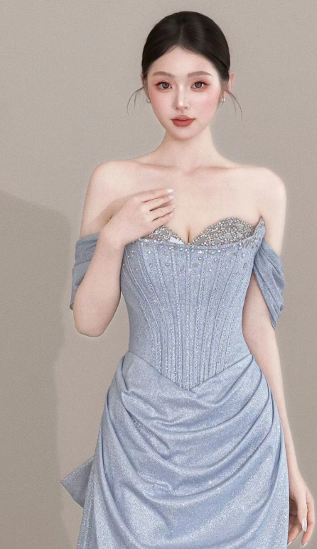 Shiny A Line Off The Shoulder Satin Sequin Beads Long Prom Dress, Evening Dress C8066