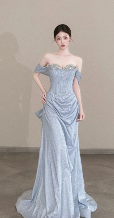 Shiny A Line Off The Shoulder Satin Sequin Beads Long Prom Dress, Evening Dress C8066