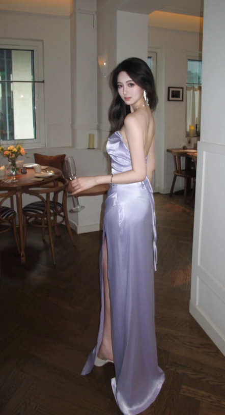 Robe de bal longue sirène sexy sans bretelles en satin lilas fendue, robe de soirée C8071