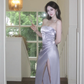 Robe de bal longue sirène sexy sans bretelles en satin lilas fendue, robe de soirée C8071