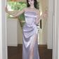 Robe de bal longue sirène sexy sans bretelles en satin lilas fendue, robe de soirée C8071
