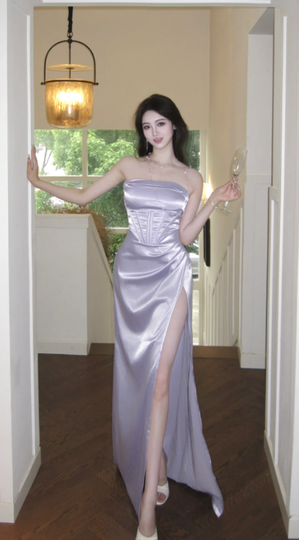 Robe de bal longue sirène sexy sans bretelles en satin lilas fendue, robe de soirée C8071