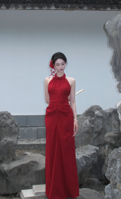 Charming Red Mermaid Halter Satin Backless Long Prom Dress, Evening Dress C8072