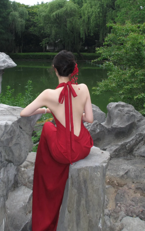 Charming Red Mermaid Halter Satin Backless Long Prom Dress, Evening Dress C8072