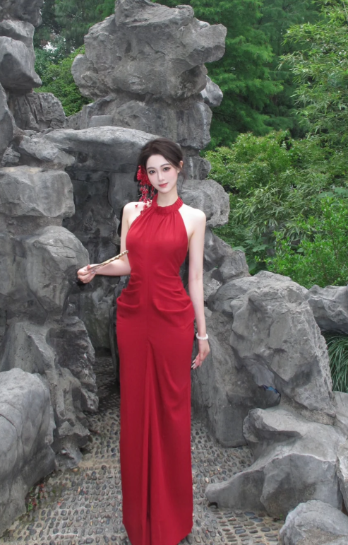 Charming Red Mermaid Halter Satin Backless Long Prom Dress, Evening Dress C8072