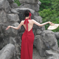 Charming Red Mermaid Halter Satin Backless Long Prom Dress, Evening Dress C8072