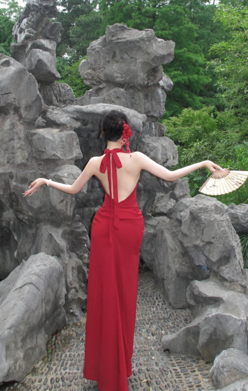 Charming Red Mermaid Halter Satin Backless Long Prom Dress, Evening Dress C8072