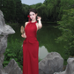 Charming Red Mermaid Halter Satin Backless Long Prom Dress, Evening Dress C8072