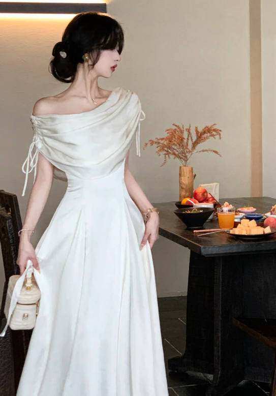Princess A Line Off The Shoulder Satin Long Prom Dress, Evening Dress C8073