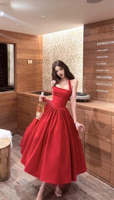 Classy A Line Halter Red Satin Long Prom Dress, Evening Dress C8076