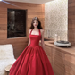 Classy A Line Halter Red Satin Long Prom Dress, Evening Dress C8076