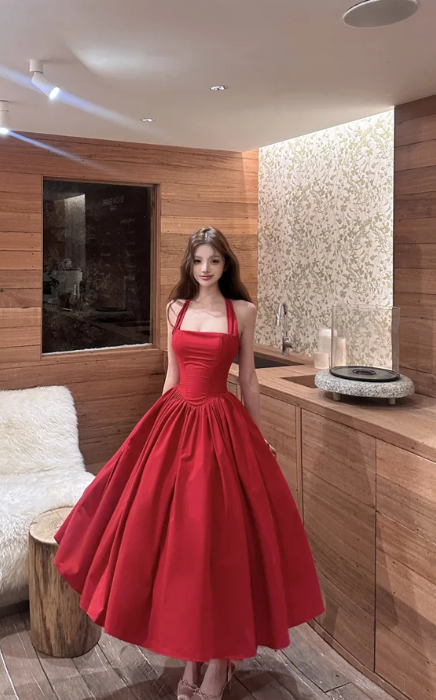 Classy A Line Halter Red Satin Long Prom Dress, Evening Dress C8076