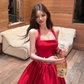 Classy A Line Halter Red Satin Long Prom Dress, Evening Dress C8076
