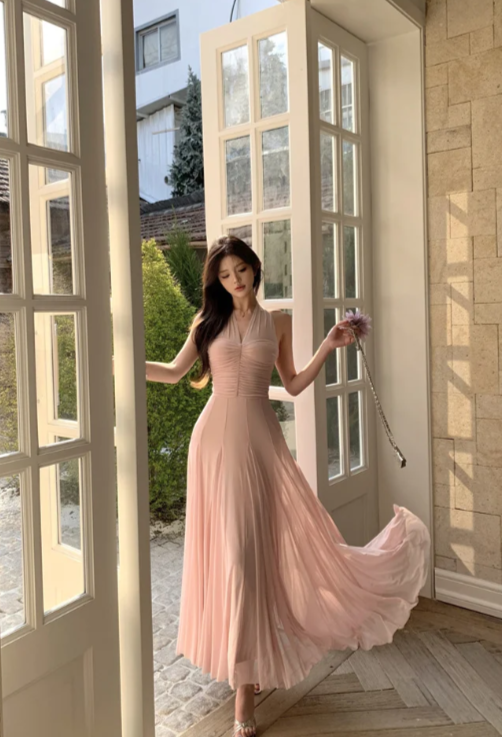 Blush Pink A Line V Neck Chiffon Long Prom Dress, Evening Dress C8078