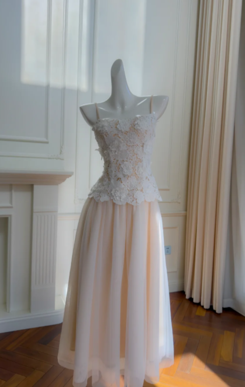 Elegant A Line Spaghetti Straps Tulle Lace Long Prom Dress, Evening Dress C8086