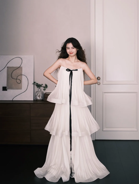 Princess A Line Strapless Tiered Chiffon Long Prom Dress, Evening Dress C8088