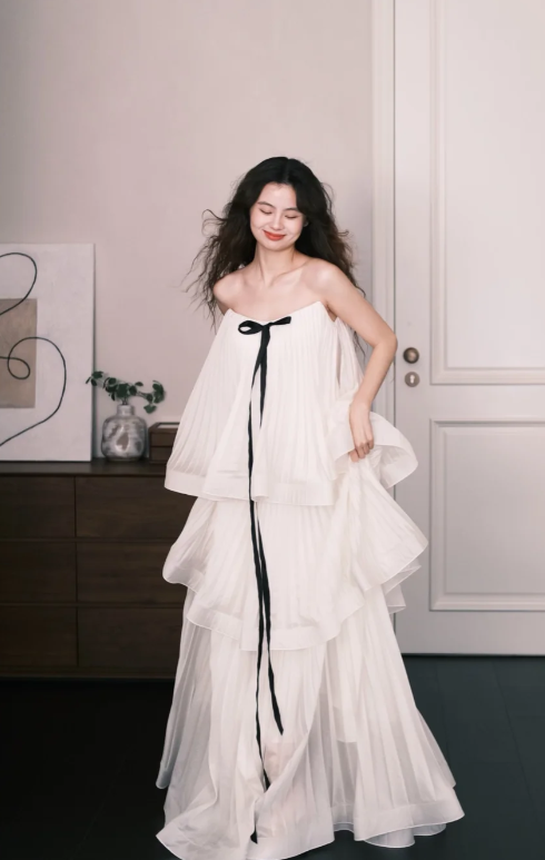 Robe de bal longue princesse trapèze sans bretelles à volants en mousseline, robe de soirée C8088