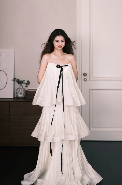 Robe de bal longue princesse trapèze sans bretelles à volants en mousseline, robe de soirée C8088