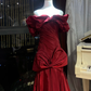 Robe de bal longue sirène bordeaux en satin à épaules dénudées, robe de soirée C8091