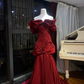Robe de bal longue sirène bordeaux en satin à épaules dénudées, robe de soirée C8091