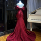 Robe de bal longue sirène bordeaux en satin à épaules dénudées, robe de soirée C8091
