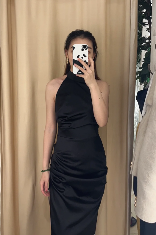 Robe de bal longue sirène élégante en satin noir à dos nu et fente, robe de soirée C8093