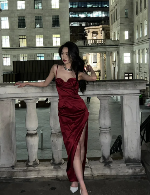 Classy Mermaid Burgundy Spaghetti Straps Satin Slit Long Prom Dress, Evening Dress C8094