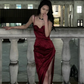Classy Mermaid Burgundy Spaghetti Straps Satin Slit Long Prom Dress, Evening Dress C8094