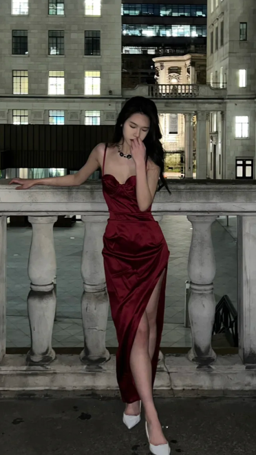 Classy Mermaid Burgundy Spaghetti Straps Satin Slit Long Prom Dress, Evening Dress C8094