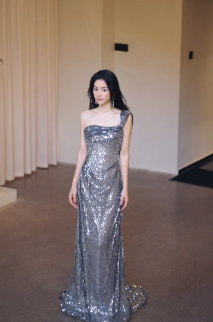 Shiny Mermaid Silver One Shoulder Sequin Long Prom Dress, Evening Dress C8095