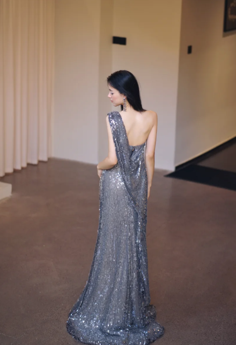 Shiny Mermaid Silver One Shoulder Sequin Long Prom Dress, Evening Dress C8095