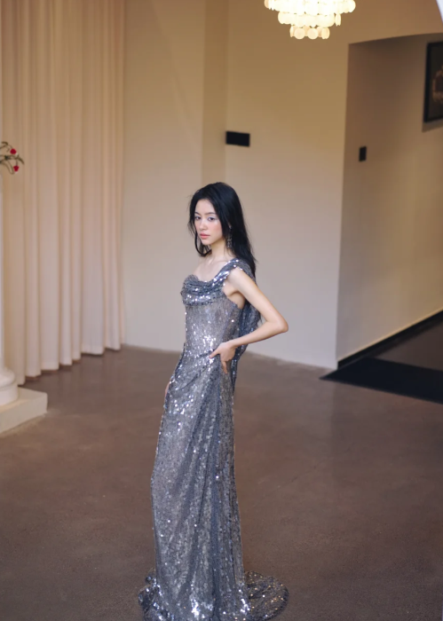 Shiny Mermaid Silver One Shoulder Sequin Long Prom Dress, Evening Dress C8095