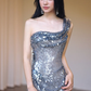 Shiny Mermaid Silver One Shoulder Sequin Long Prom Dress, Evening Dress C8095