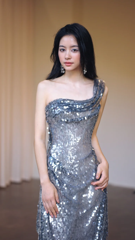 Shiny Mermaid Silver One Shoulder Sequin Long Prom Dress, Evening Dress C8095