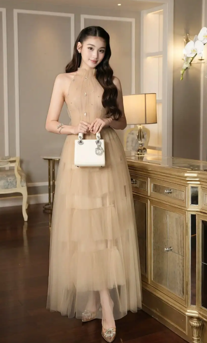 Robe de bal longue élégante en tulle, coupe trapèze, dos nu, référence C8099