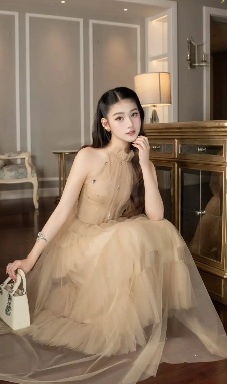 Robe de bal longue élégante en tulle, coupe trapèze, dos nu, référence C8099