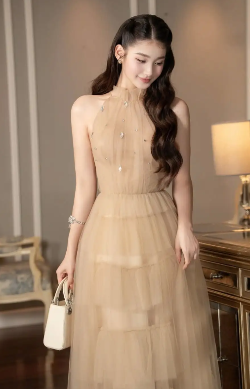 Robe de bal longue élégante en tulle, coupe trapèze, dos nu, référence C8099