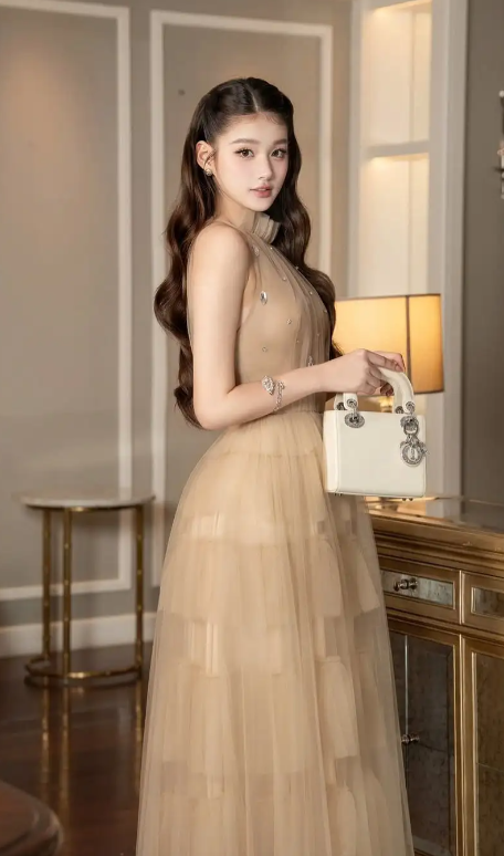 Robe de bal longue élégante en tulle, coupe trapèze, dos nu, référence C8099