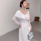 Vintage une ligne manches longues blanc soie Satin longues robes de bal C80