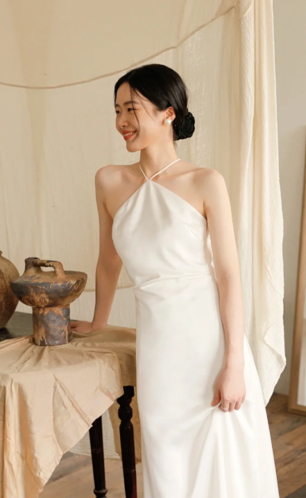 Elegant A Line Halter Satin Long Prom Dress, Evening Dress C8100