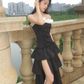 Princess A Line Strapless Tiered Satin Slit Long Prom Dress, Evening Dress C8101