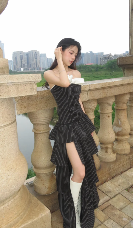 Princess A Line Strapless Tiered Satin Slit Long Prom Dress, Evening Dress C8101