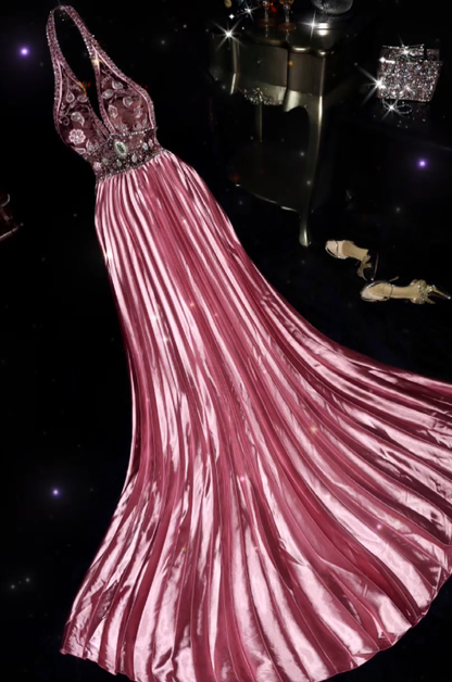 Retro A Line Halter Satin Beads Long Prom Dress, Evening Dress C8104