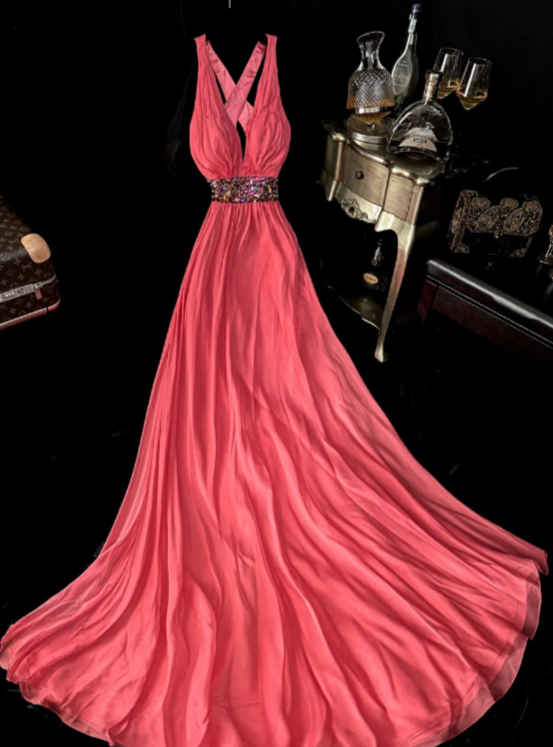 Robe de bal longue sexy en satin à sequins et décolleté en V, coupe trapèze, référence C8105