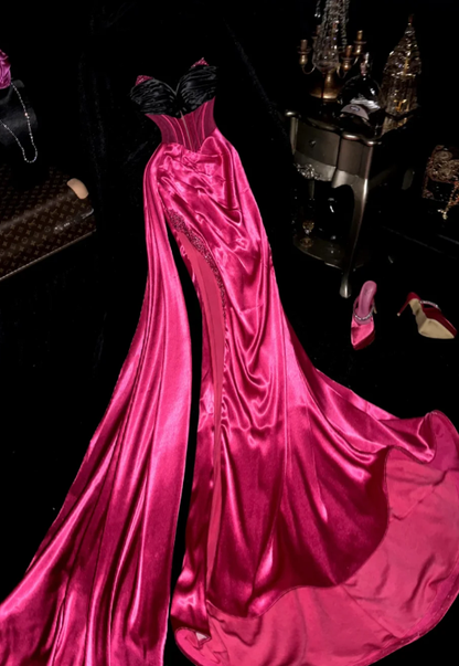 Robe de bal longue vintage sirène en satin et perles, décolleté cœur, robe de soirée C8106