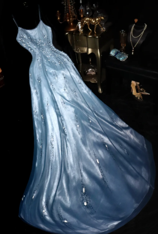 Classy A Line Spaghetti Straps Satin Long Prom Dress, Evening Dress C8110