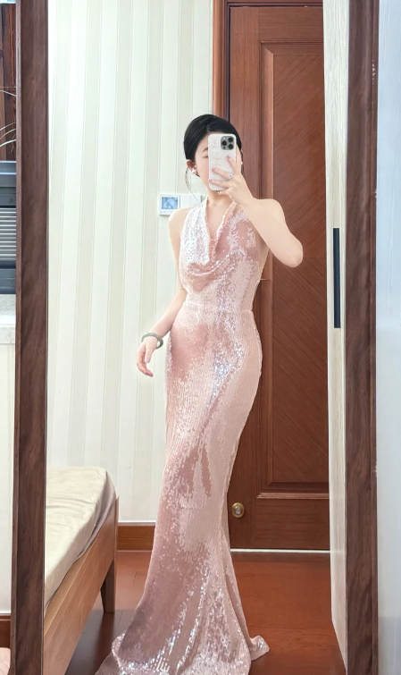 Shiny Mermaid Halter Pink Sequin Long Prom Dress, Evening Dress C8111